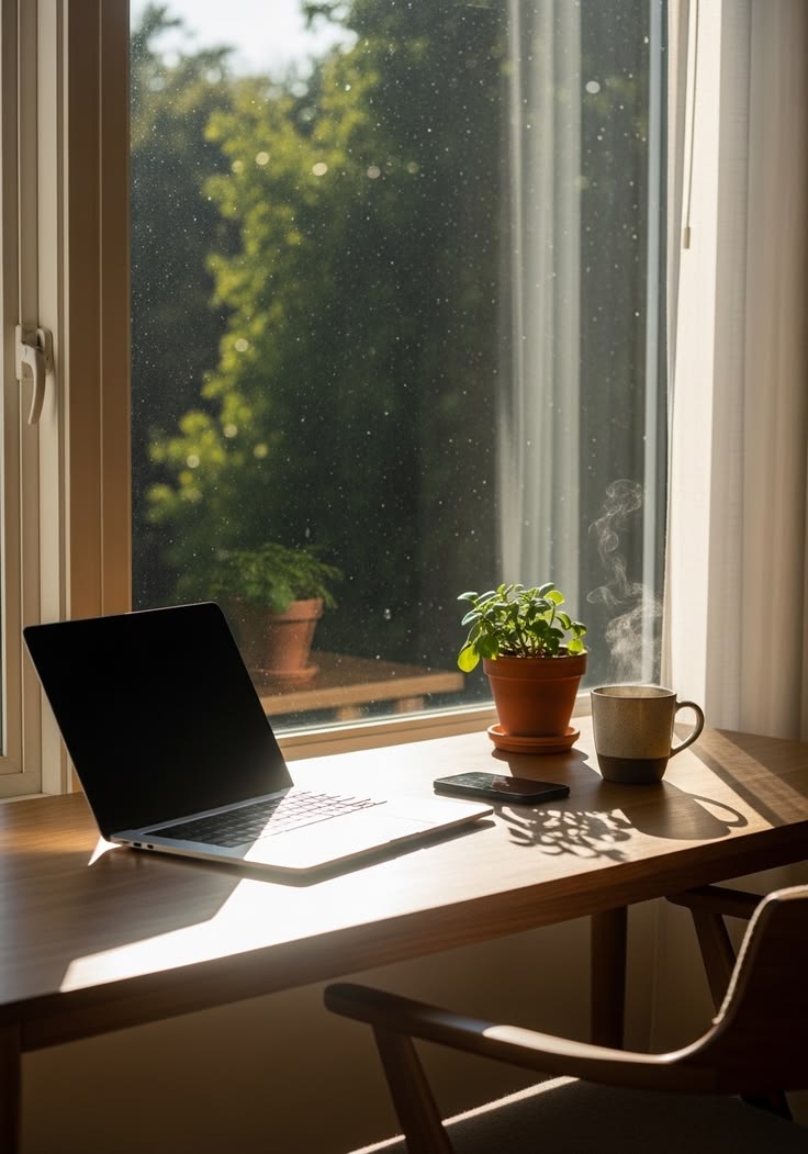 A calm desk with a notebook, a glass of water and a small potted plant beside a sunlit window